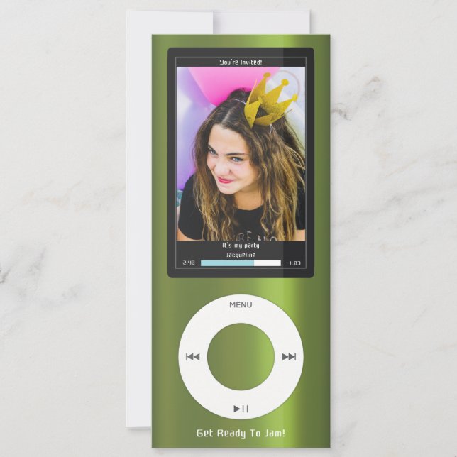 Invitation Lecteur de musique MP3 vert II Anniversaire (Devant)