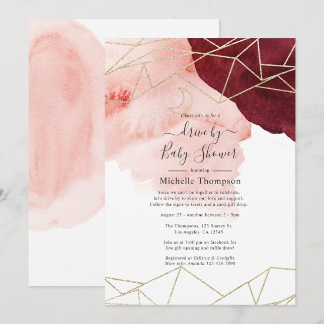 Invitation Lecteur Géométrique Burgundy Blush Par Douche (Devant / Derrière)