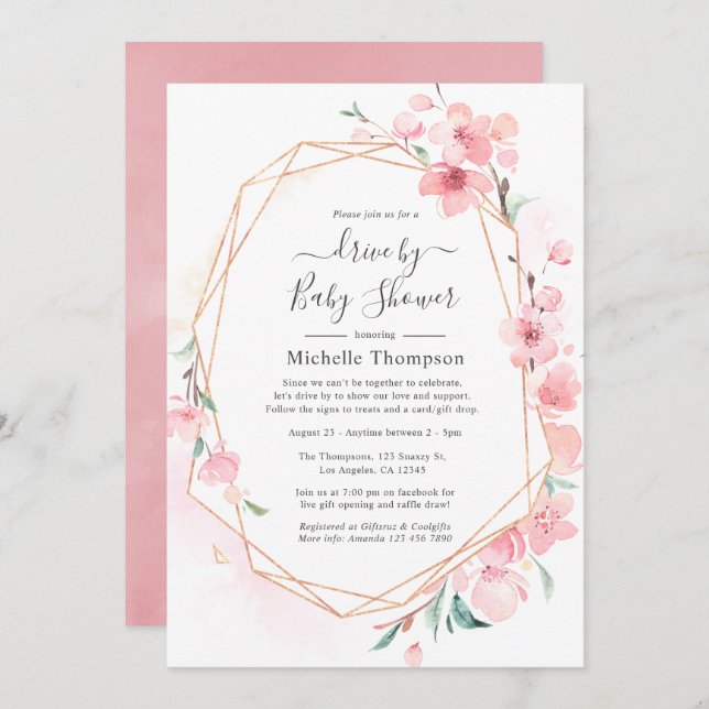 Invitation Lecteur Géométrique En Fleur De Cerisier Rose Par  (Devant / Derrière)