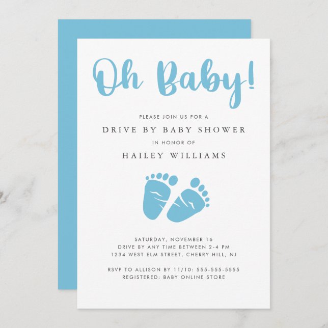 Invitation Lecteur par Baby shower | Oh Baby Boy Blue Baby Fe (Devant / Derrière)