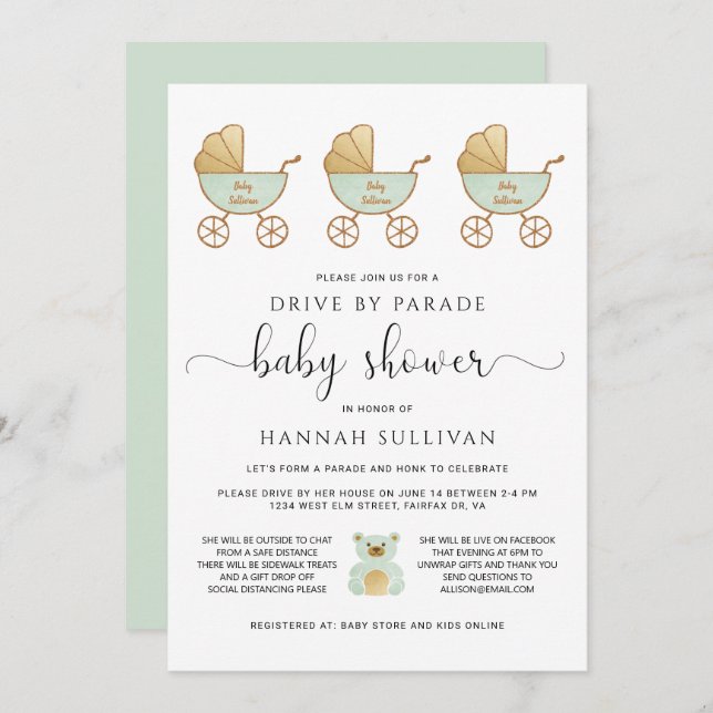 Invitation Lecteur par Baby shower | Retro Carriage Green Gol (Devant / Derrière)