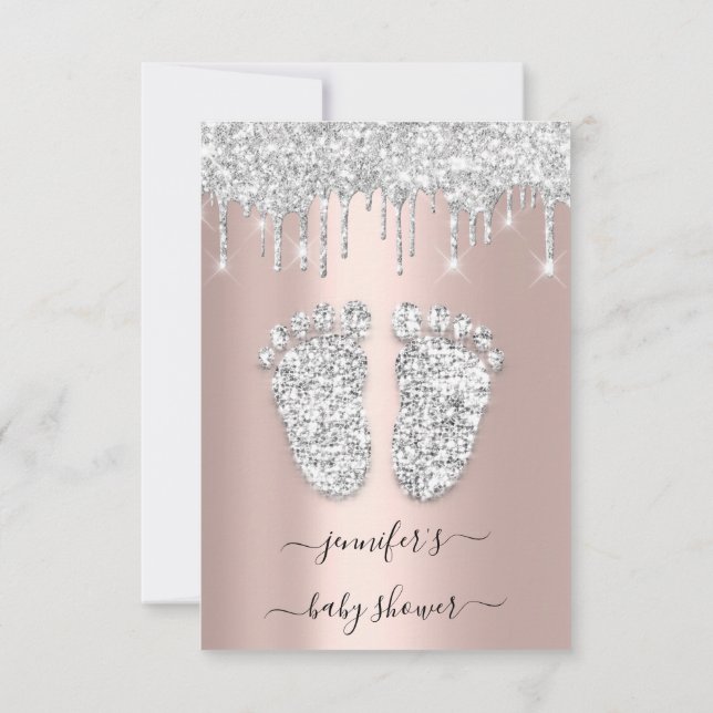Invitation Lecteurs d'argent Gris Rose Baby Girl Douche pieds (Dos)