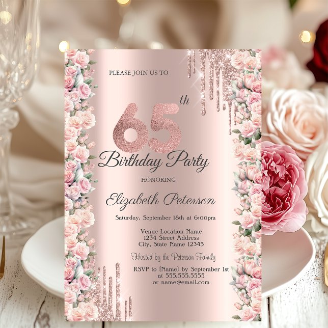 Invitation Lecteurs de cadres rose Rose Gold 65e anniversaire (Créateur téléchargé)