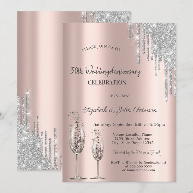Invitation Lecteurs Vin Verre Rose Or Mariage Anniversaire (Devant / Derrière)