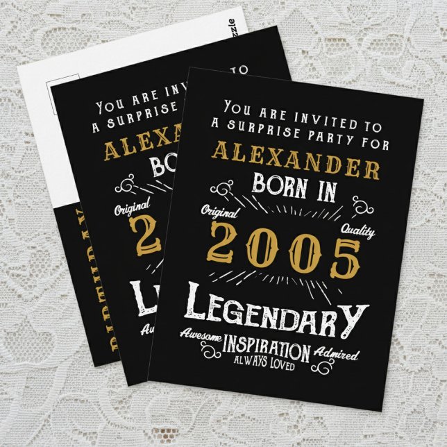 Invitation légendaire pour 21 ans 2005 Noir Or (2005 birthday invitation postcard. White background.)