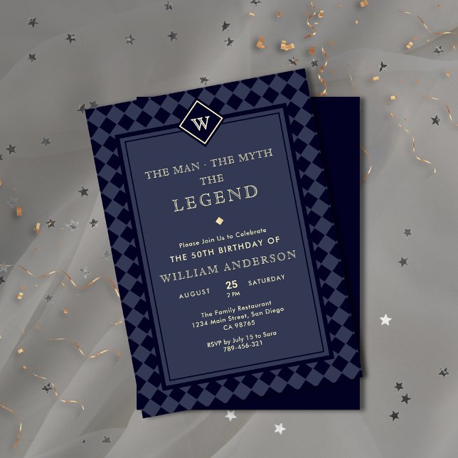Invitation légende de Monogramme bleu et or de la  (Modern Navy Blue & Gold Monogram Legend Invitation)