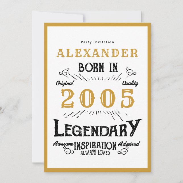 Invitation Légende d'or blanc pour 21 ans née en 2005 (Devant)
