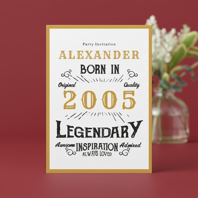Invitation Légende d'or blanc pour 21 ans née en 2005 (Born 2005 birthday invitation.)