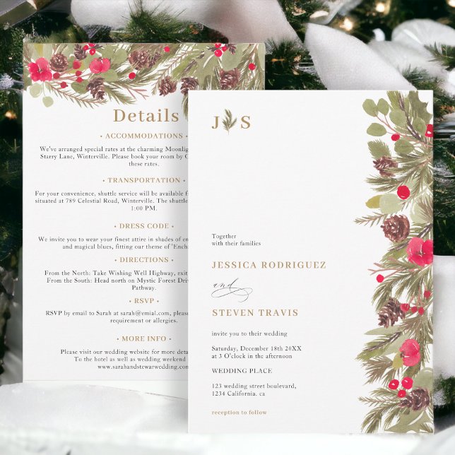 Invitation L'élégance des pins d'hiver tout en un Mariage (Winter pine elegance initial all in one Wedding Invitation)