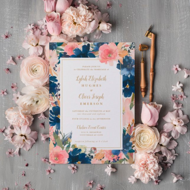 Invitation L'élégance sauvage | Navy Blush & Gold Mariage (Créateur téléchargé)