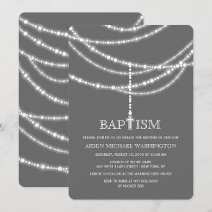 Invitation L'Élégante Croix du Rosaire étincelle le Baptême R