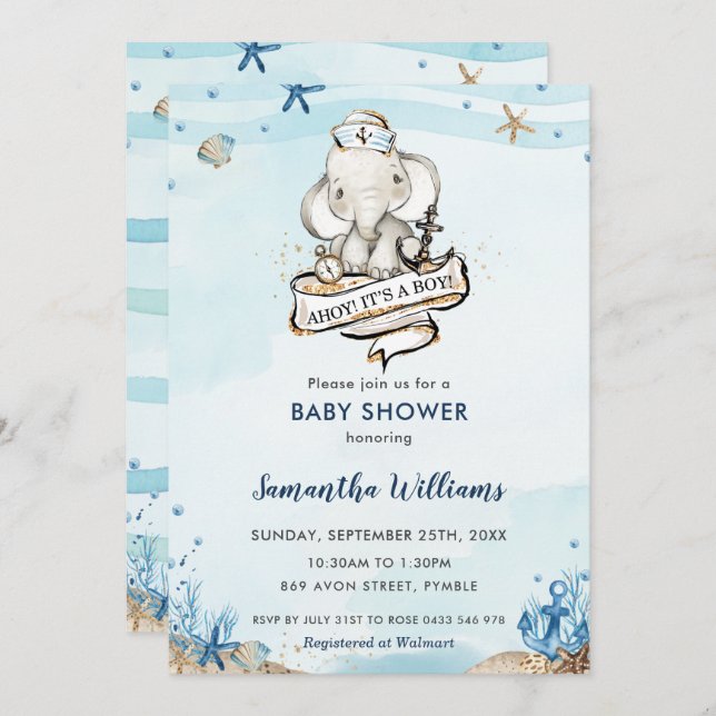 Invitation L'éléphant nautique Ahoy C'est un Baby shower garç (Devant / Derrière)