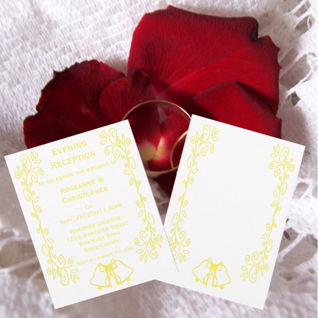 Invitation Lemon Bells Défilement Mariage Réception (Yellow wedding reception invitation bells and scrollwork design)