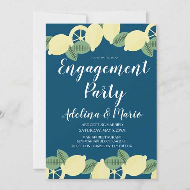 Invitation Lemon Boho Blue Modern Engagement Party (Devant)
