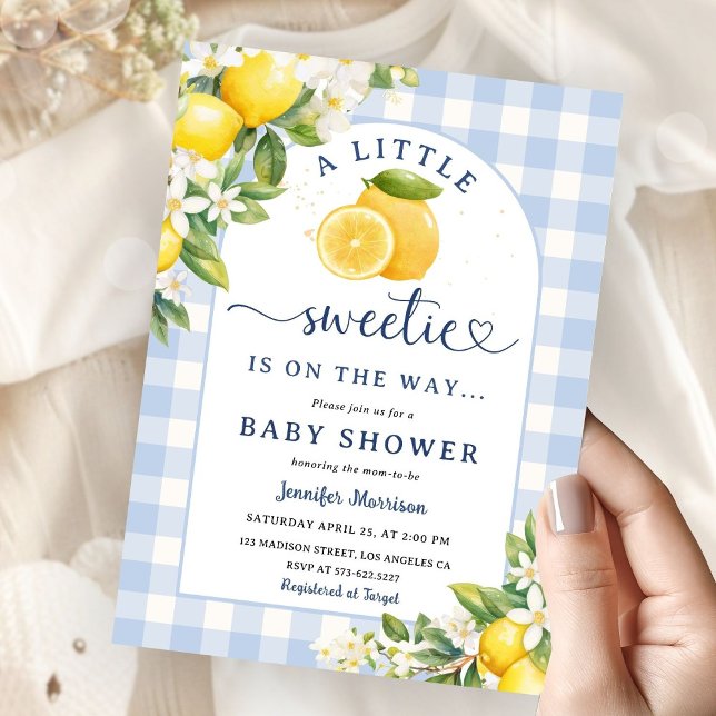 Invitation Lemon Citrus Yellow Baby Shower Boy Blue Gingham (Créateur téléchargé)