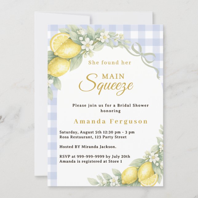 Invitation Lemon gingham blue main squeeze bow Bridal Shower (Devant)
