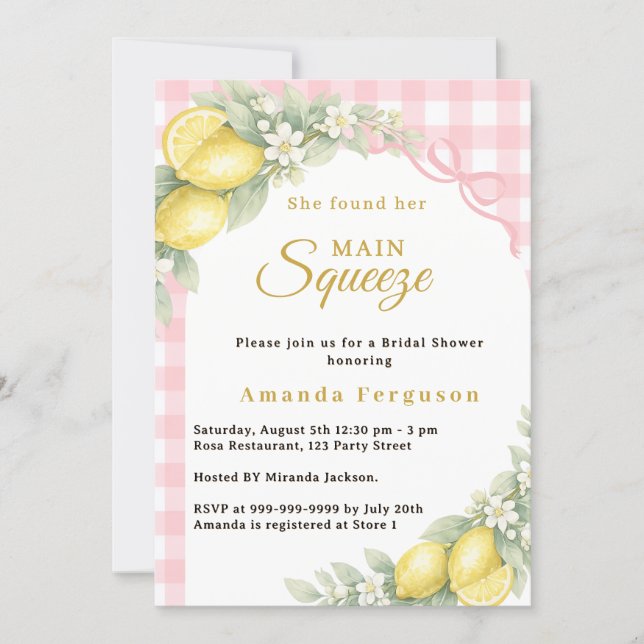 Invitation Lemon gingham pink main squeeze bow Bridal Shower (Devant)