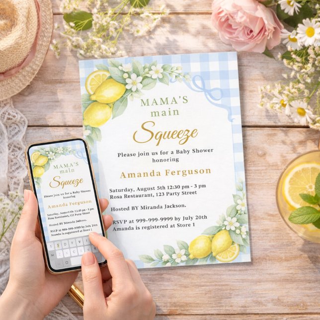 Invitation Lemon gingham squeeze blue bow boy Baby Shower (Créateur téléchargé)