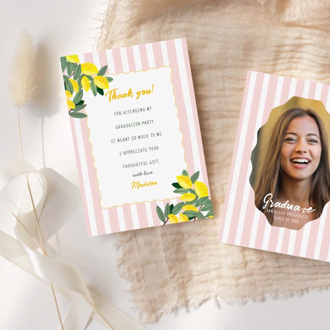 Invitation Lemon Graduation Thank You Card Pink Stripe Citrus (Lemon Graduation Thank You Card Pink Stripe Citrus)