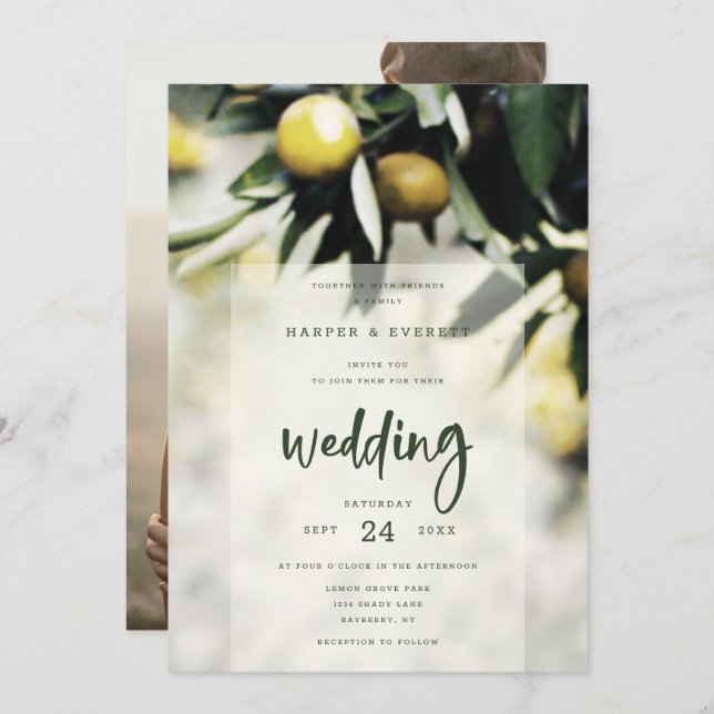 Invitation Lemon Grove | Mariage d'été moderne Jaune & Vert (Devant / Derrière)