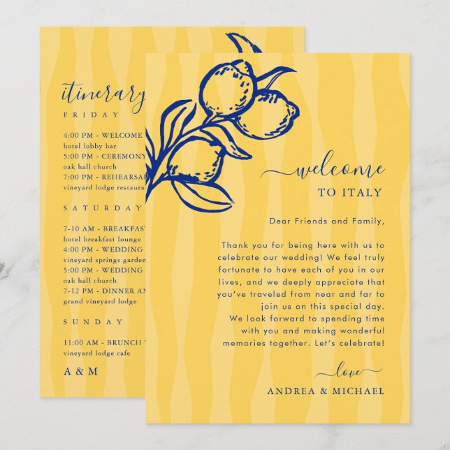 Invitation Lemon Italy Wedding Welcome Letter Itinerary Card (Devant / Derrière)