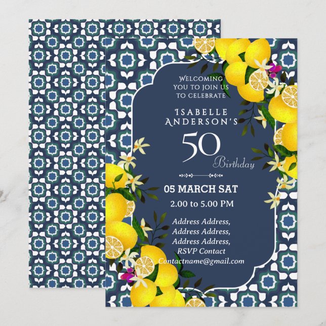 Invitation Lemon Méditerranéen Bleu 50ème (Devant / Derrière)