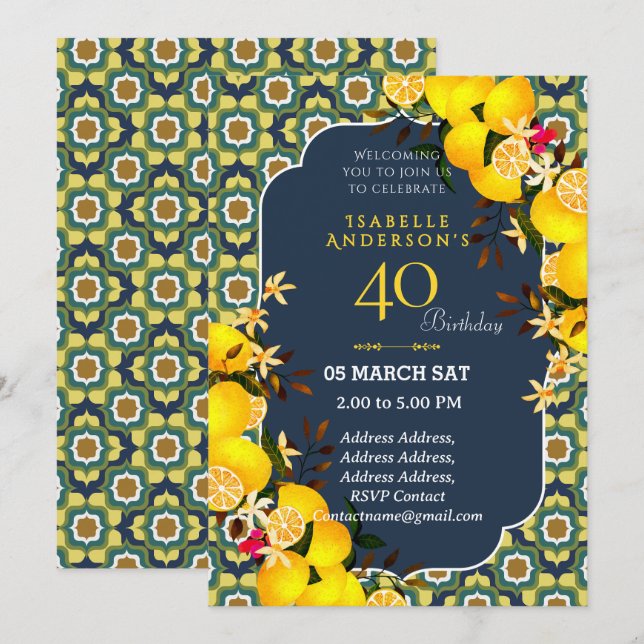 Invitation Lemon Méditerranéen Jaune Bleu 40ème (Devant / Derrière)