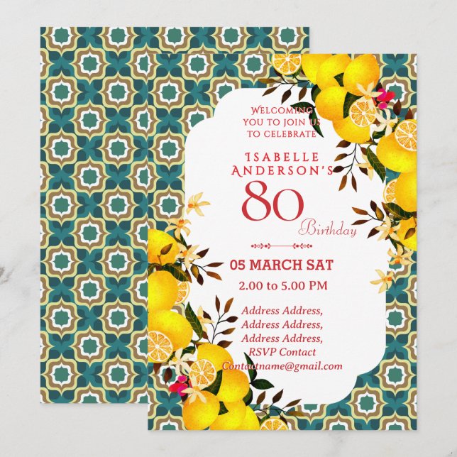 Invitation Lemon Méditerranéen Turquoise 80ème (Devant / Derrière)