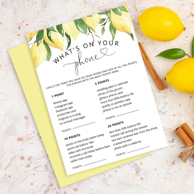 Invitation Lemon What's On Your Phone Bridal Game Cards (Créateur téléchargé)