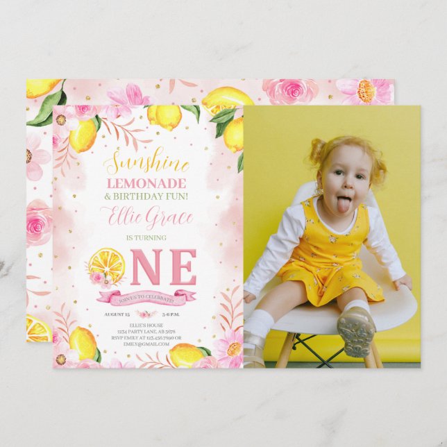 Invitation Lemonade florale 1er anniversaire Photo (Devant / Derrière)