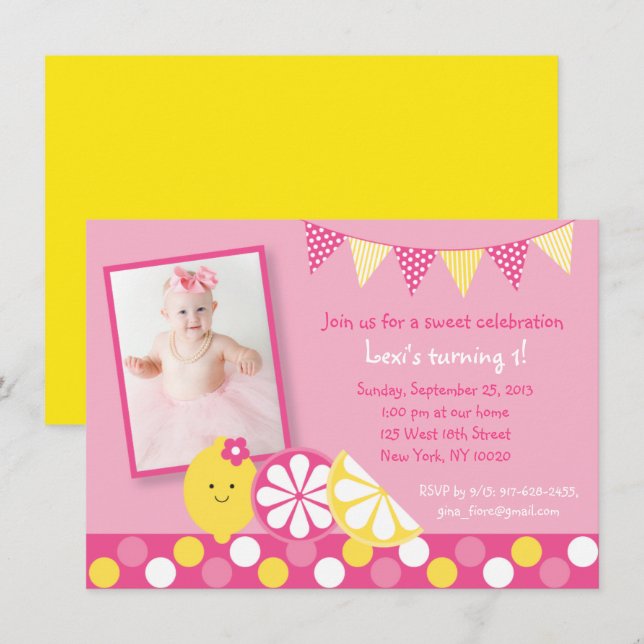 Invitation Lemonade rose 1er anniversaire (Devant / Derrière)