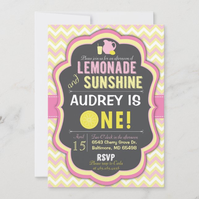 Invitation Lemonade Rose Premier Anniversaire Chevron Invitat (Devant)