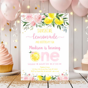 Invitation Lemonade Sunshine Pink Gold Floral First Birthday