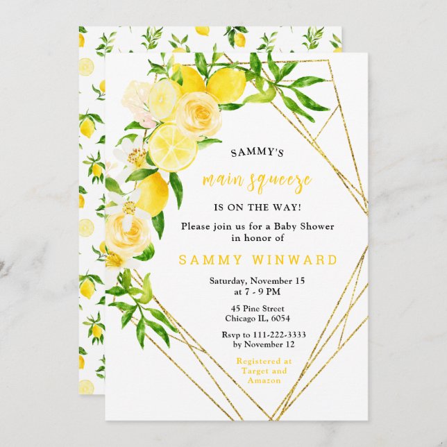 Invitation Lemons and Flowers with Foliage Baby Shower (Devant / Derrière)
