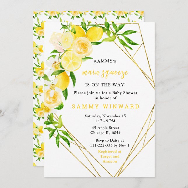 Invitation Lemons and Flowers with Foliage Baby Shower (Devant / Derrière)