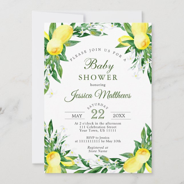 Invitation Lemons Blossom Verdure Baby shower NEUTRE (Devant)