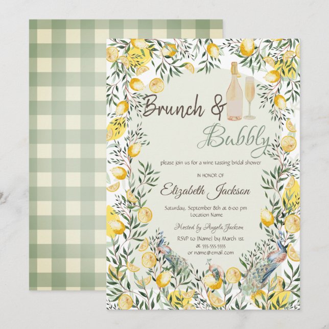 Invitation Lemons Paon Vert Plaid Brunch & Bubbly  (Devant / Derrière)