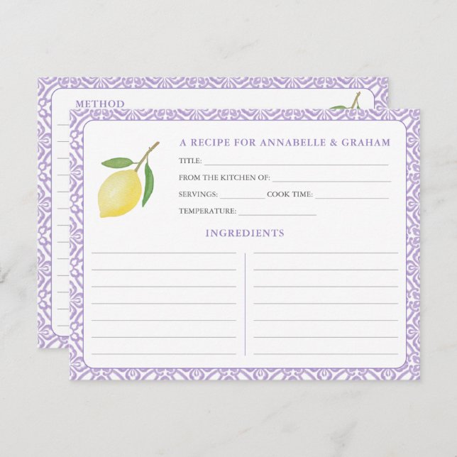 Invitation Lemons Purple Text Bridal Shower Recipe Card (Devant / Derrière)