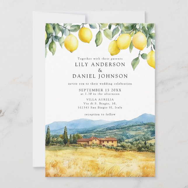 Invitation Lemons Tuscan Scene Italian Wedding (Devant)