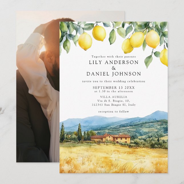 Invitation Lemons Tuscan Scene Italy Photo Wedding (Devant / Derrière)