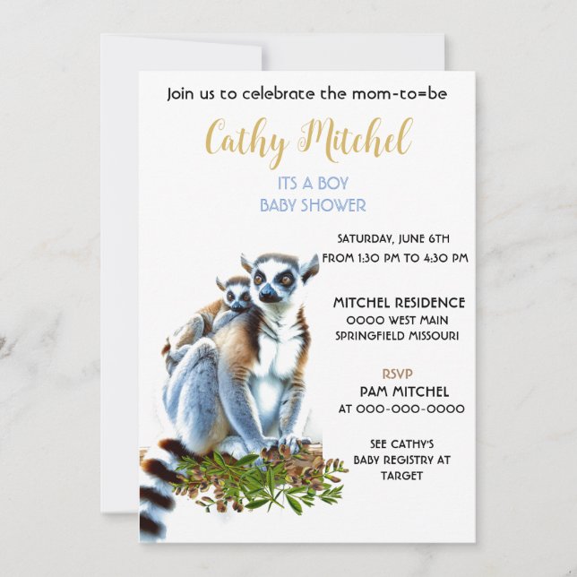 Invitation Lemurs Son Baby shower Garçon (Devant)
