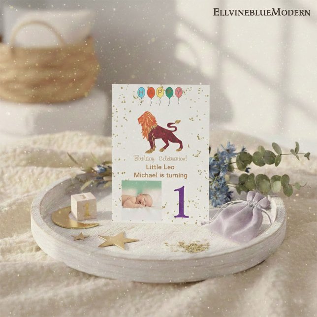 Invitation Leo Premier Anniversaire Or, Ballons & Photo (Créateur téléchargé)