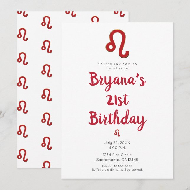 Invitation LEO Zodiac Astrologie Juillet Août Anniversaire (Devant / Derrière)