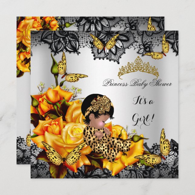 Invitation Leopard Baby shower fille papillon jaune ethnie (Devant / Derrière)