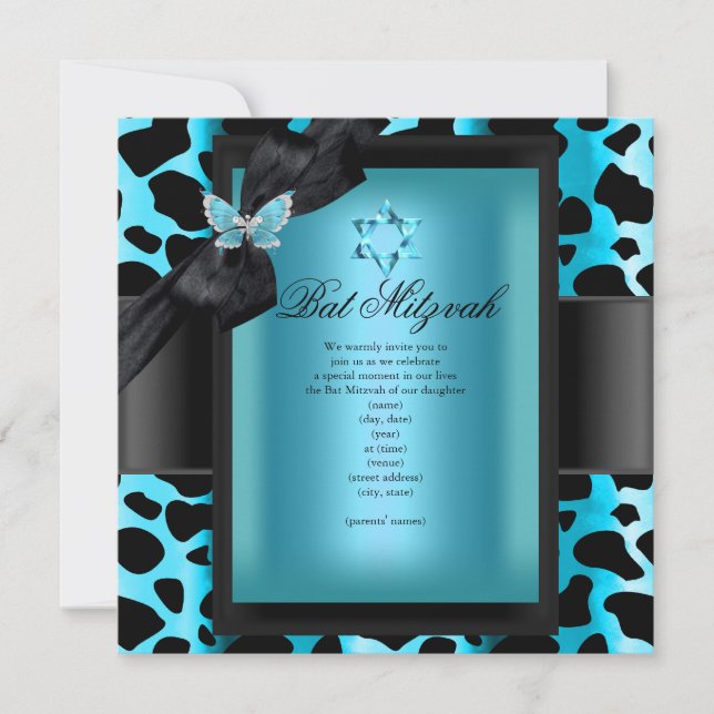Invitation Léopard Bat Mitzvah Papillon Bleu Sarcelle (Devant)