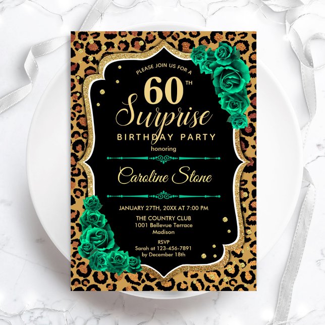 Invitation Leopard Black Gold Green Surprise 60e anniversaire (Créateur téléchargé)