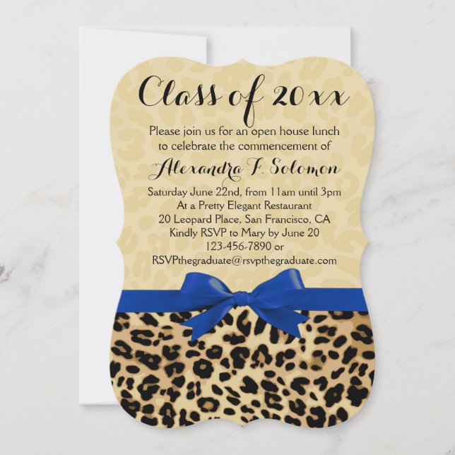 Invitation Leopard Blue Bow Graduation/Invitation de fête (Devant)