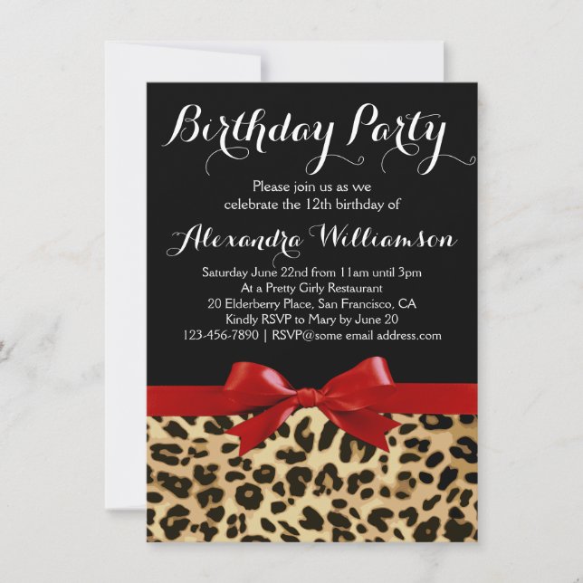 Invitation Léopard Bright Red Bow Girl'Anniversaire (Devant)