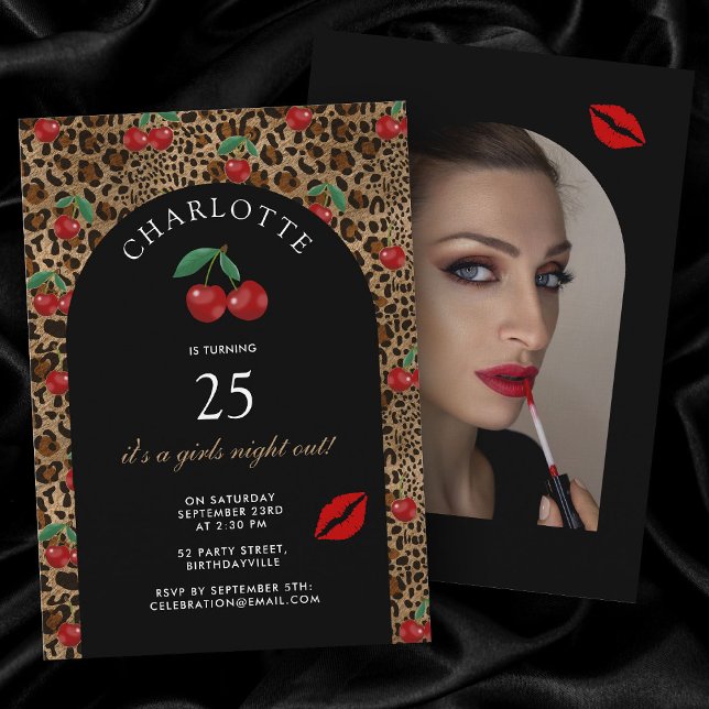 Invitation Leopard Cheetah Animal Print Cherry Birthday Photo (Leopard Cheetah Animal Print Cherry Birthday Photo Invitation)