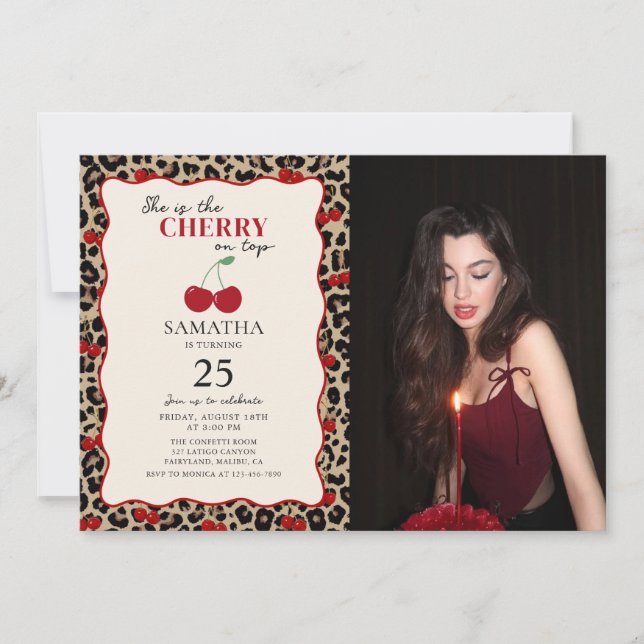 Invitation Leopard Cheetah Cherry On Top Birthday Photo (Devant)